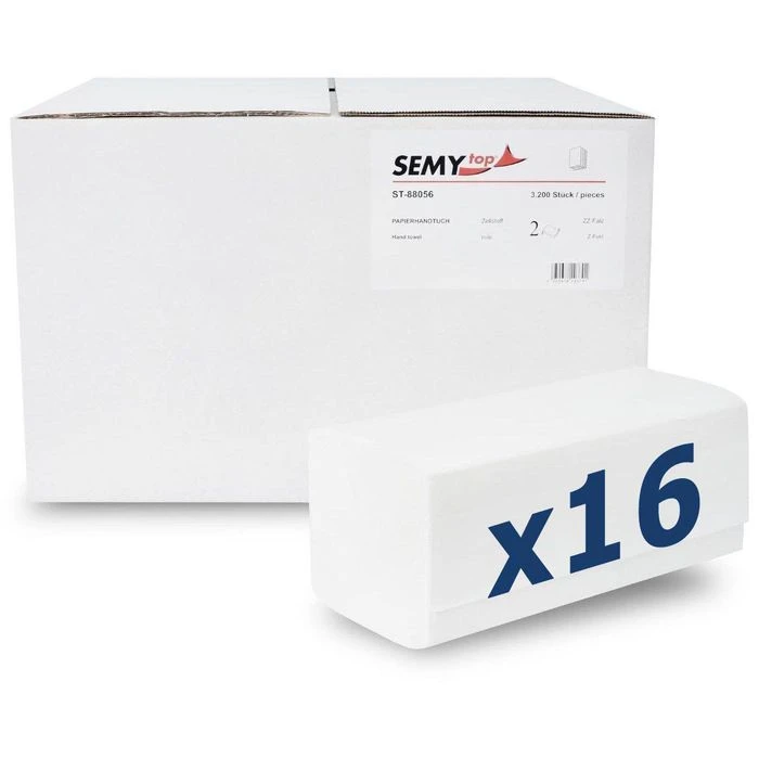 Semy-Top Papierhandtücher 2-lagig, Weiß, Zick-Zack-Falz, 24 X 21 Cm, 3200 Stück 1 Semy-Top Papierhandtücher 2-lagig, Weiß, Zick-Zack-Falz, 24 X 21 Cm, 3200 Stück