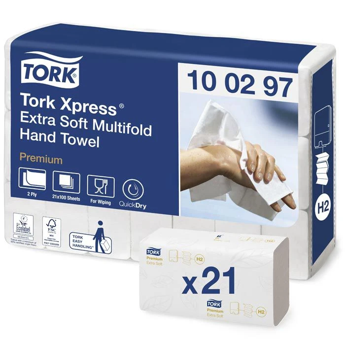 Tork 100297 Xpress Premium Extra Soft, 2-lagig, 21x34 Cm, Interfold, H2, 2100 Stück, Papierhandtücher 1 Tork 100297 Xpress Premium Extra Soft, 2-lagig, 21x34 Cm, Interfold, H2, 2100 Stück, Papierhandtücher
