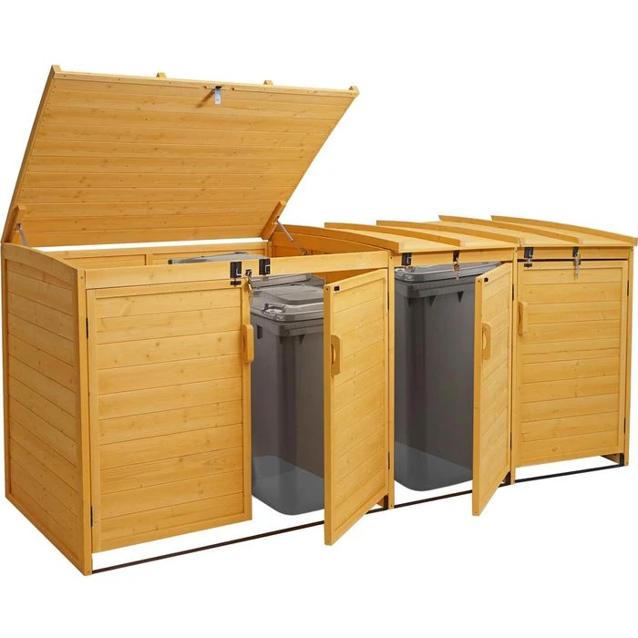 Mendler Mülltonnenbox HWC-H75, Bis 240 Liter, Für 4 Mülltonnen, Abschließbar, Braun, Holz 2 Mendler Mülltonnenbox HWC-H75, Bis 240 Liter, Für 4 Mülltonnen, Abschließbar, Braun, Holz – Bild 2