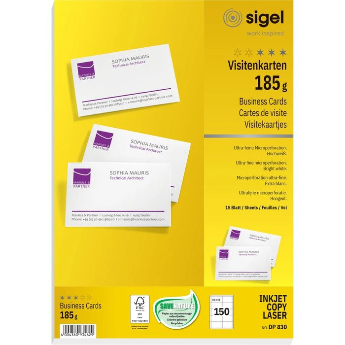 Sigel DP830 Visitenkarten 85x55 Mm 185g Hochweiß 1 Sigel DP830 Visitenkarten 85x55 Mm 185g Hochweiß