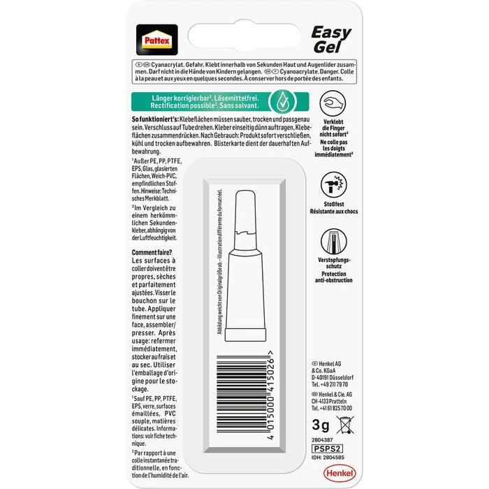 Pattex Sekundenkleber PSPS2 Power Easy Gel, Gel, Kurz Korrigierbar, Tropft Nicht, 3g 3 Pattex Sekundenkleber PSPS2 Power Easy Gel, Gel, Kurz Korrigierbar, Tropft Nicht, 3g – Bild 3