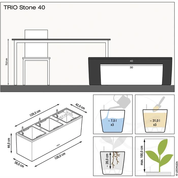 Lechuza Pflanzkasten TRIO Stone 40 Steingrau, 129 X 42 X 44 Cm, Kunststoff, Bewässerungssystem 5 Lechuza Pflanzkasten TRIO Stone 40 Steingrau, 129 X 42 X 44 Cm, Kunststoff, Bewässerungssystem – Bild 5